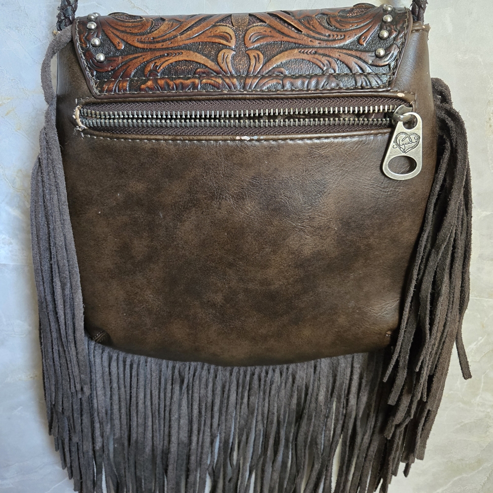 Shyanne Brown Leather Shoulder Bag with Fringe and Tooling - Picture 8 of 9